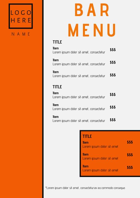 Bold orange bar menu template featuring clear sections for items and prices. Ideal for bars, restaurants, and cafés to display their offerings in an eye-catching and modern style. Easy to customize for various services or pricing.