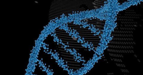 Blue dna helix with binary code on black background