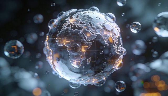 Crystal Glass Globe with Glowing Data Nodes and Etched Continents for Tech Visuals and AI