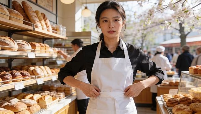 Female baker adjusting white apron in busy artisan bakery with bread display and pastries