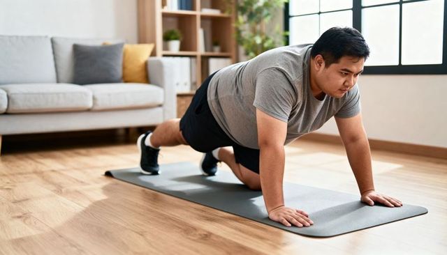 Asian man doing plank on yoga mat at home, home workout fitness and healthy lifestyle