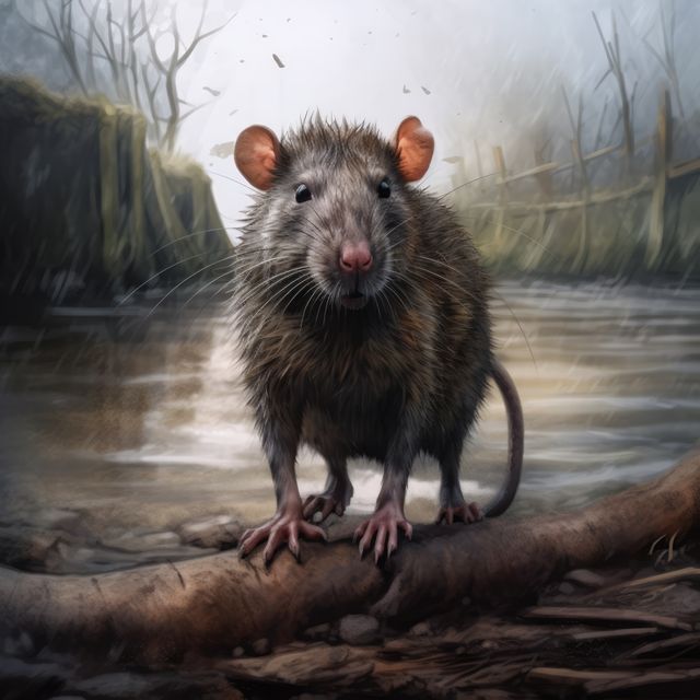 Close-up view of a wet rat standing on a log in a misty forest next to a body of water. Ideal for use in wildlife documentaries, educational materials about rodents, environmental conservation campaigns, and presentations on nature or wildlife habits.
