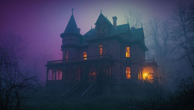Eerie victorian mansion in foggy forest with glowing windows