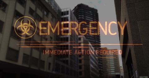 Emergency alert overlay on urban cityscape illustrating global crisis