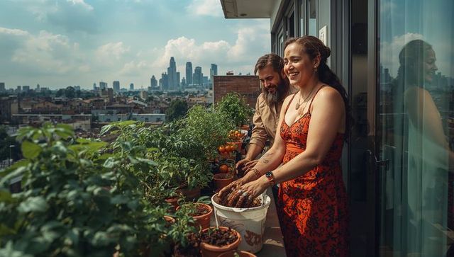 Couple Enjoying Container Gardening on Rooftop Terrace