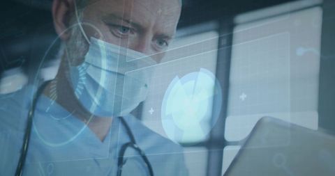 Doctor analyzing holographic healthcare data in clinic