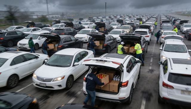 Volunteers loading food boxes into suv trunks at drive-through distribution under stormy sky