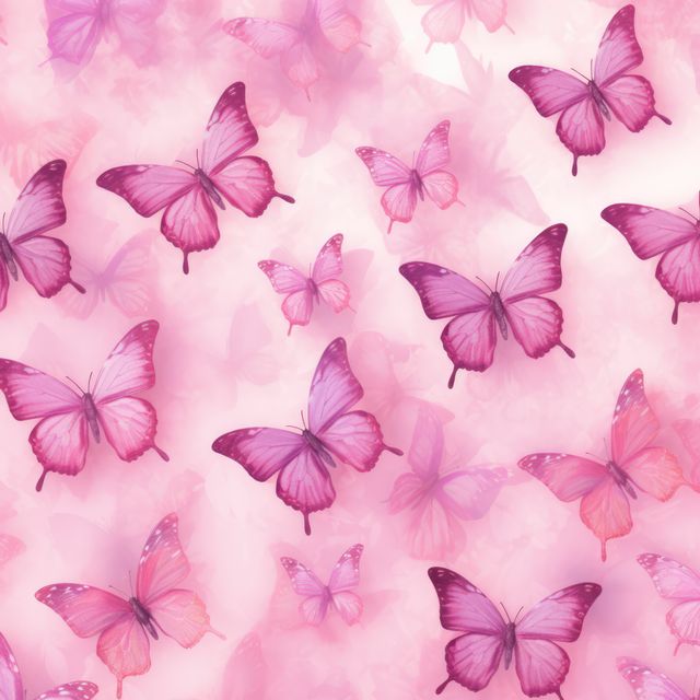 Full frame of pink butterflies on pink background, created using generative ai technology. Beauty in nature, delicacy and femininity wallpaper background concept digitally generated image.