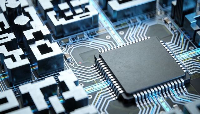 Smd microchip sitting on circuit board with gull-wing pins, thermal blocks and traces