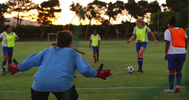 Female youth soccer players practicing on a field at sunset. One player in focus preparing to kick the ball towards the goal while the goalkeeper is ready to block the shot. Perfect for use in promoting youth sports programs, showcasing teamwork and determination in sports, or highlighting outdoor athletic activities.