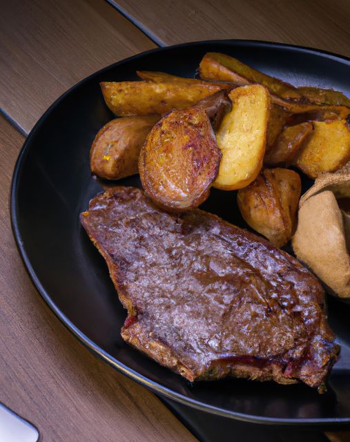 Juicy grilled steak served perfectly paired with crispy, rustic potato wedges on a stylish black plate. Ideal depiction for gourmet food blogs, restaurant menus, cookbooks, and culinary websites celebrating comfort food and home dining experiences.