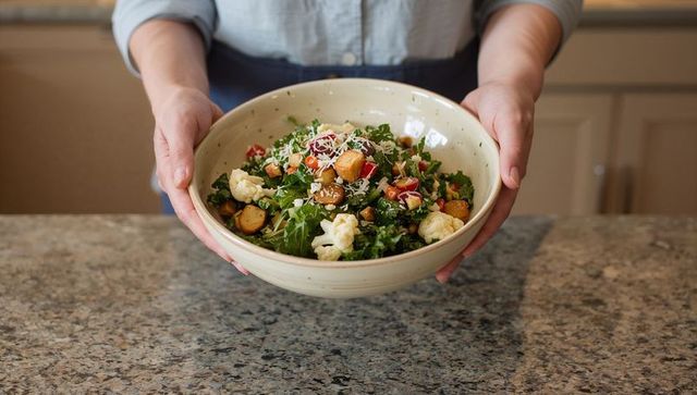 Chef presenting ceramic bowl of kale salad with roasted vegetables on granite counter