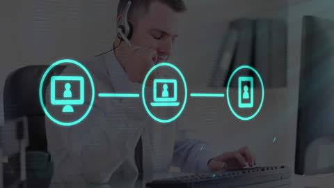 Businessman Embracing Digital Communications on Phone and Computer