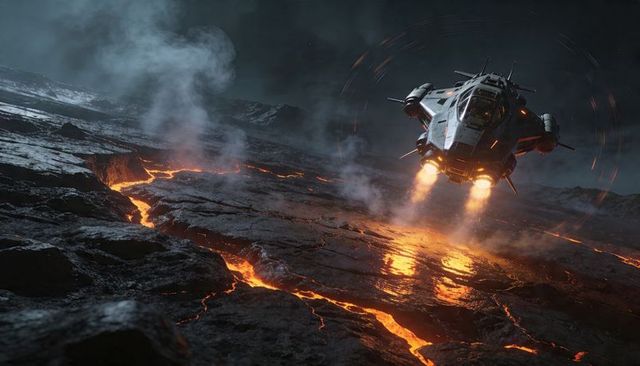 Futuristic lander descending over lava rifts casting orange thruster glow on alien surface