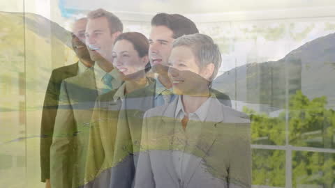 Business Team with American Flag Overlay Reflecting Leadership