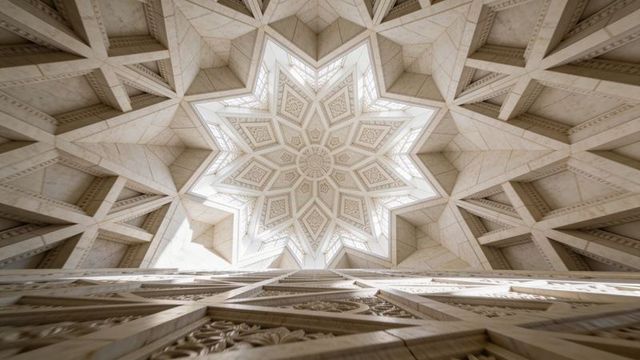Intricate star vault featuring geometric dome skylight and carved stone panels