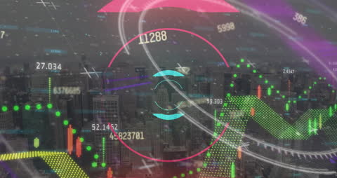 Digital Data Overlay on Cityscape Indicating Global Business Analytics