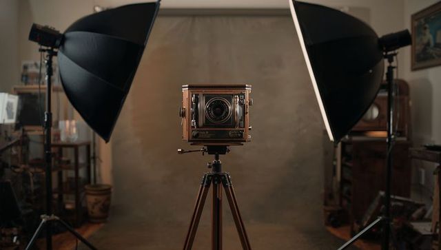 Vintage large format wooden field camera with bellows on tripod in classic studio lighting