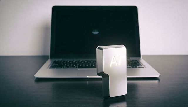 Minimalist metallic ai token standing on dark wood desk with laptop in blurred background