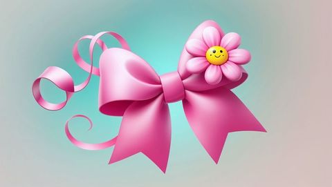 Floating pink satin ribbon bow with smiling flower accent