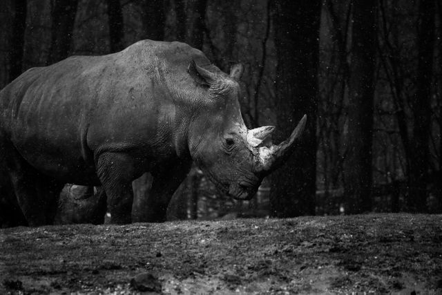 Rhinoceros standing in forest, captured in black and white adds dramatic effect and highlights animal's rugged texture. Ideal for wildlife conservation campaigns, nature related articles, educational materials, monochrome themed projects, and wall decor about wildlife.