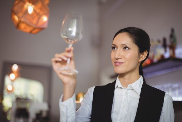 Waitress in uniform carefully inspecting an empty wine glass in a restaurant. Ideal for use in hospitality industry promotions, restaurant advertisements, service training materials, and quality control demonstrations.