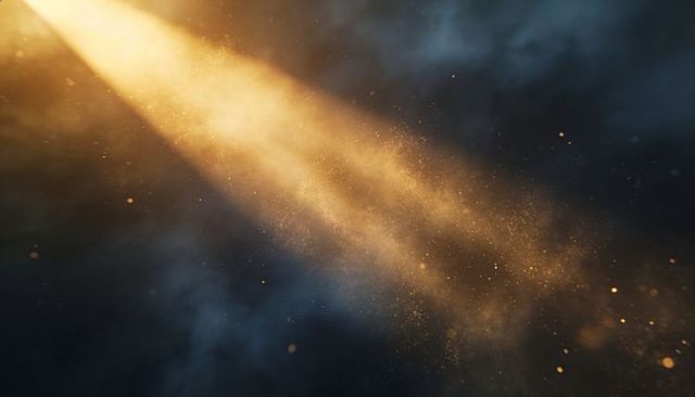 Golden light beam cutting through smoky blue-gray backdrop with glittering dust particles