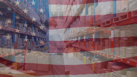 Warehouse Worker in Large Storage with American Flag Overlay