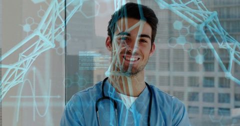 Smiling Caucasian Male Doctor with Digital Interface Display
