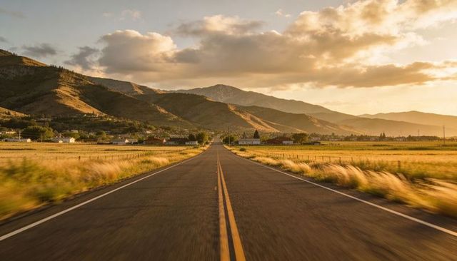 Golden sunset road leading to mountain town through rolling valley and peaks