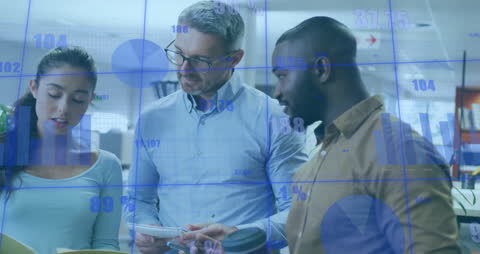 Team Discussion with Financial Data Overlay in Office