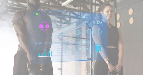 Duo training with kettlebells in industrial gym with futuristic hud overlay