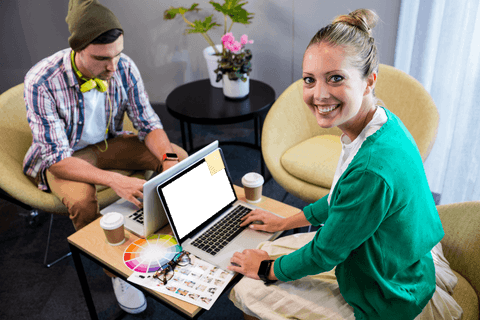 Caucasian Colleagues Collaborating on Laptops with Transparent Background