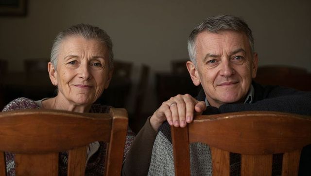 Senior couple leaning on wooden chairs smiling intimate cozy home portrait