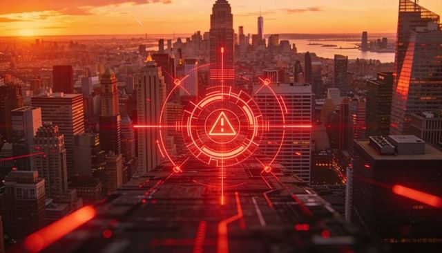 Projecting red holographic alert hud over urban rooftop at sunset futuristic city warning