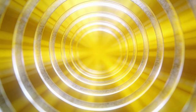 Golden concentric glass rings tunnel macro with radiant beams, symmetry and futuristic geometry