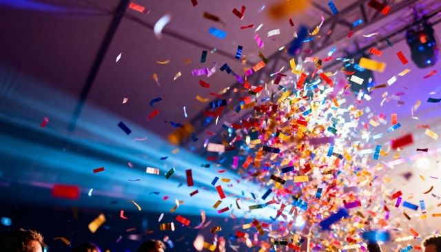 Bursting multicolored confetti cloud filling event hall with dramatic stage lighting
