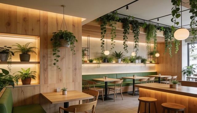 Modern biophilic cafe interior with green banquettes, wooden tables and hanging plants