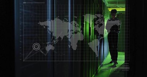 IT Technician Standing in Green-Lit Server Aisle with Global Network HUD Overlay