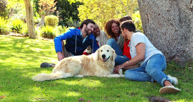Group of friends sitting on grass in park, enjoying each other's company, and smiling. A golden retriever is lying in front. Illustration of leisure, friendship, and bonding with pet in outdoor environment. Ideal for use in lifestyle, community, and pet-related content.