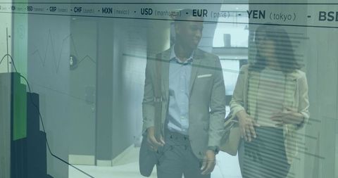 Colleagues Walking in Office with Currency Overlay