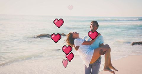 Romantic Couple Enjoying Sunny Beach Vacation with Pixel Hearts