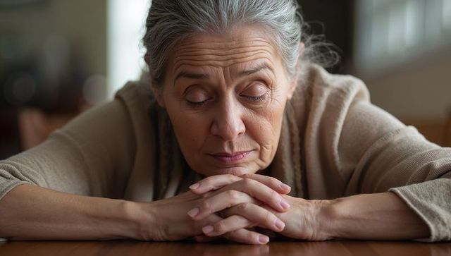 Contemplative elderly woman resting forearms on wooden table, reflecting, senior portrait