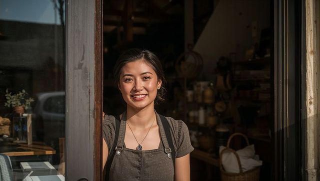 Greeting customers at sunlit rustic shop doorway wearing apron and pendant necklace