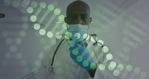 Medical Doctor Analyzing Genetic Information with DNA Strand Overlay