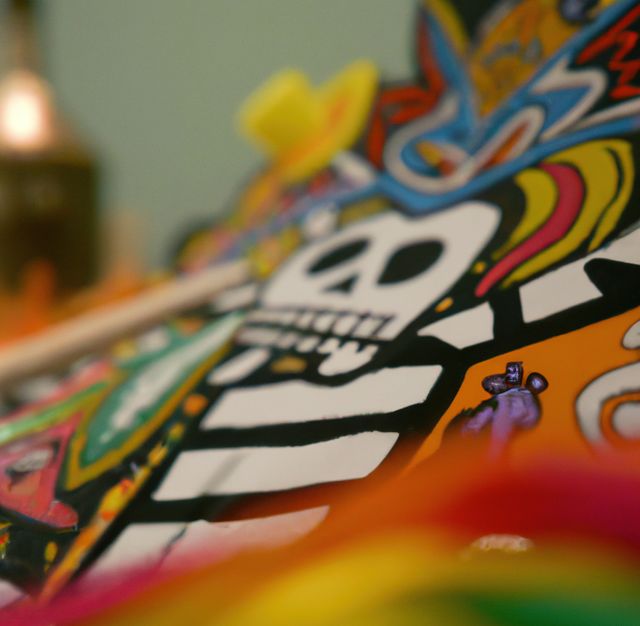 Image of close up of mexican decorated hand made vibrant coloured figurine with skull. Mexican culture and tradition concept.