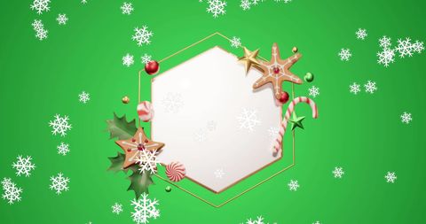 Festive Christmas Decorations Over Hexagon With Snowflakes