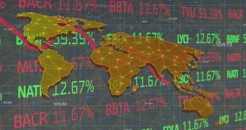 Gold Mesh World Map with Live Market Tickers, Downward Trend Line and Global Finance Analytics