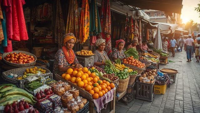 Colorful market vendors selling fresh fruit and displaying fabrics during golden hour