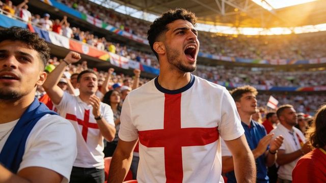 Passionate england supporter shouting and cheering in sunlit packed stadium during match